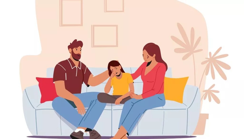 wspierający rodzice z córką na kanapie